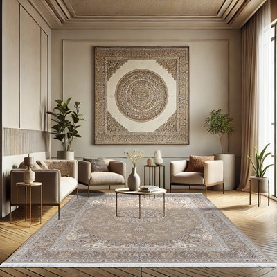 فرش ماشینی طرح 10EL0020 بژ 1200 شانه گل ابریشم