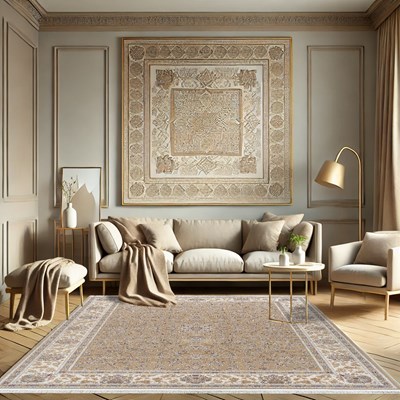 فرش ماشینی طرح 10EL0070 بژ 1200 شانه گل ابریشم