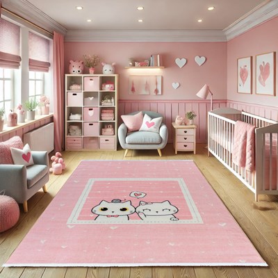 فرش ماشینی کودک طرح پیشی ها کد25KD0030 صورتی  700 شانه